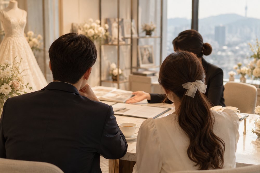 춘천 위드유 웨딩박람회 상담석 참고 이미지 — 플래너와 마주 앉아 조건을 짚어 보는 자리