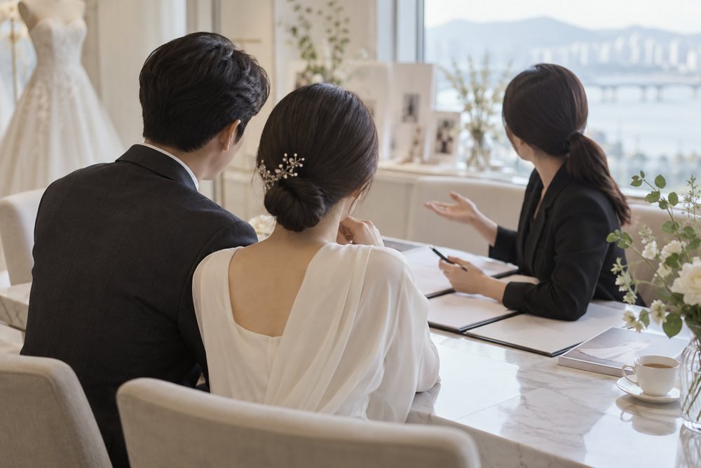 충주 위드유 웨딩박람회 상담 참고 이미지 — 서류를 놓고 조건을 맞춰 보는 상담 자리
