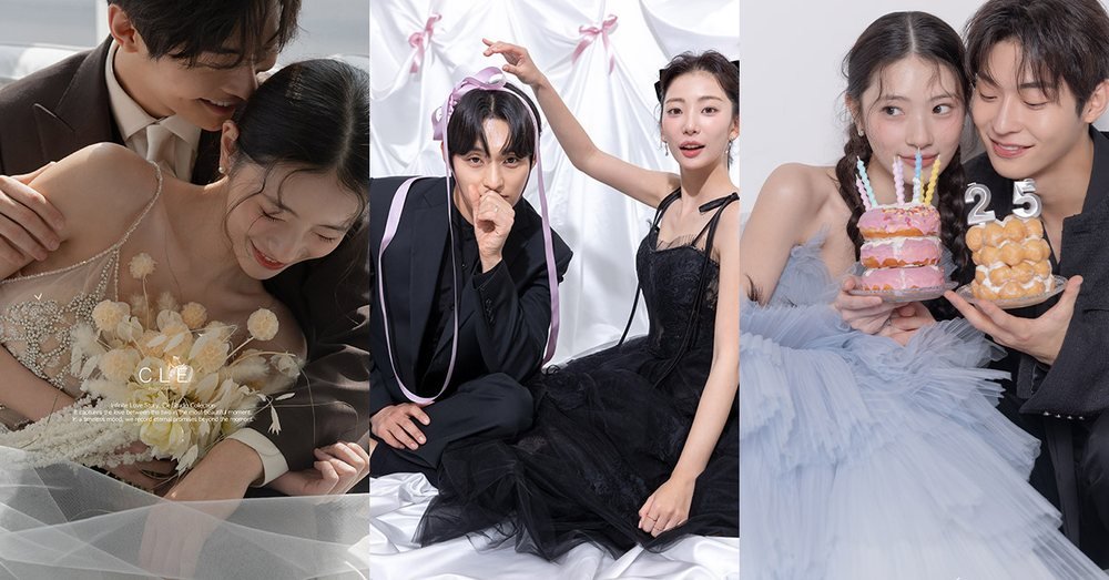 용산 웨딩박람회 스튜디오 촬영 샘플 — 플랜온 안내 페이지에 실린 웨딩 촬영 컷 세 장